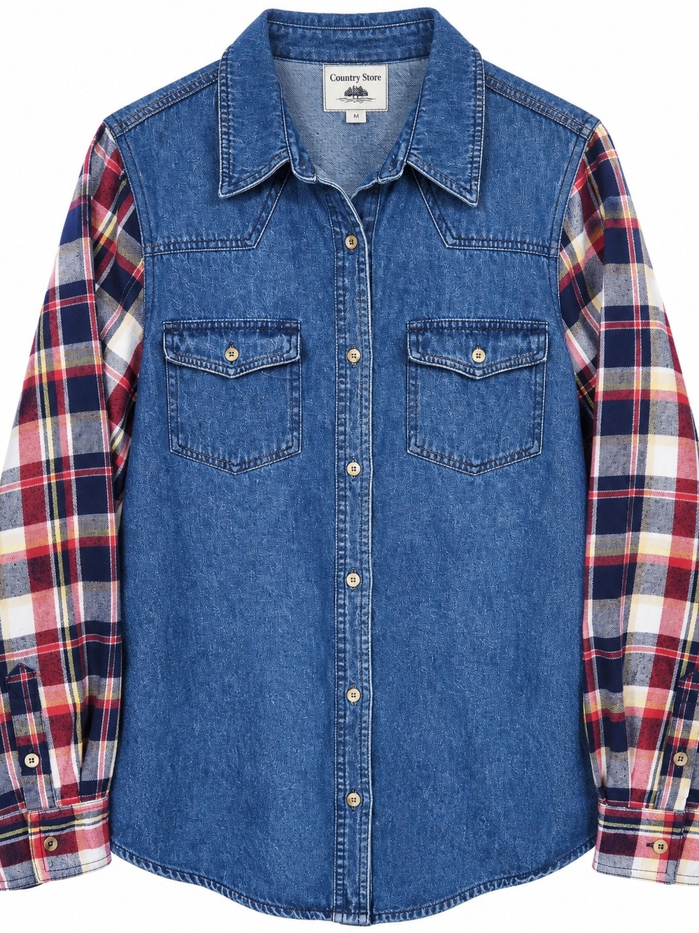 Ladies' Country Store Blue Denim Shirt with Red Plaid Sleeves